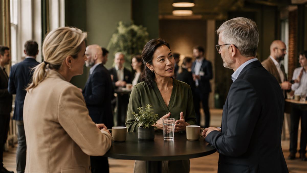 Convidados em conversa durante coffee break de evento corporativo