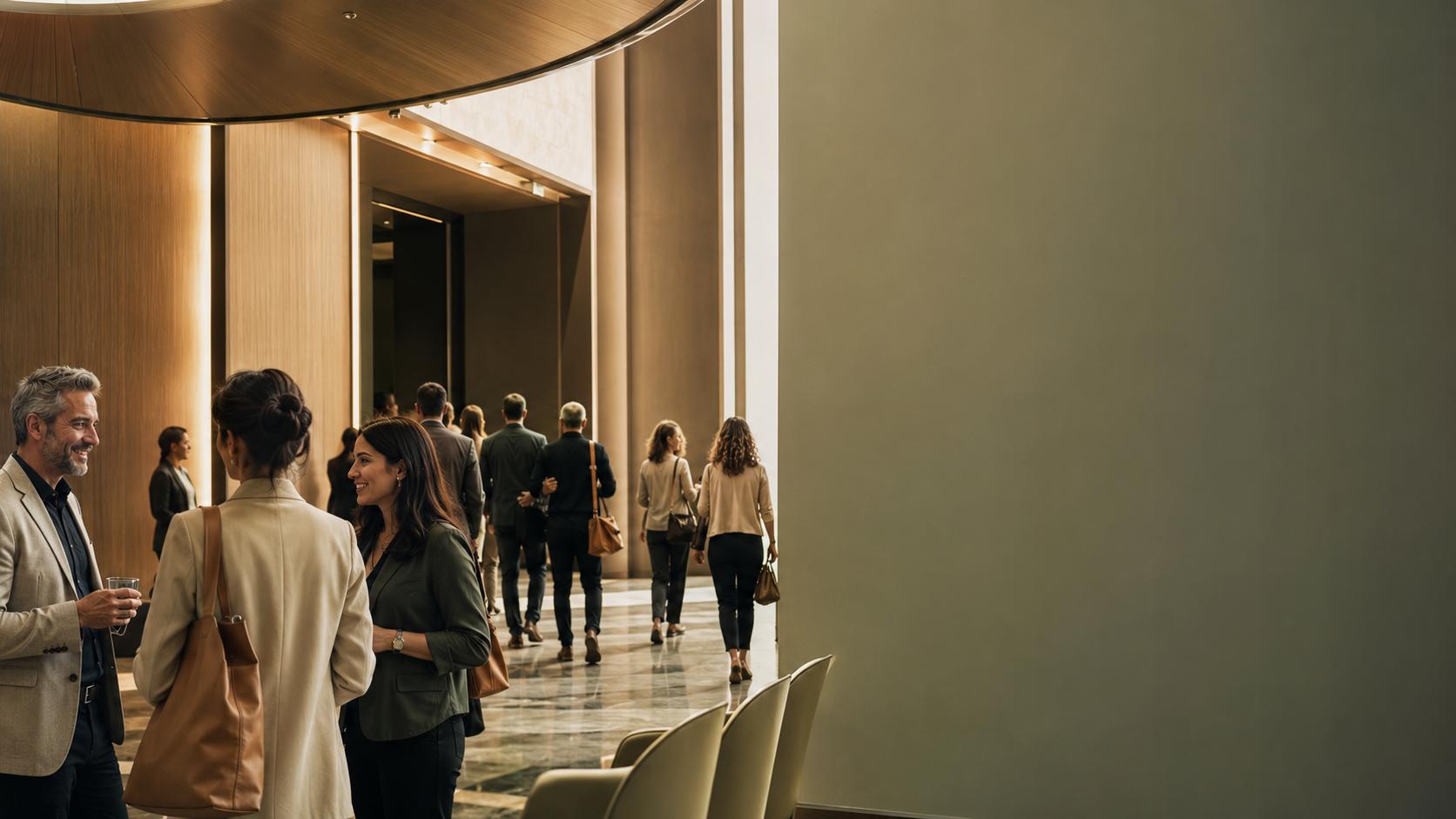Profissionais em conversa após uma sessão de evento corporativo HFR